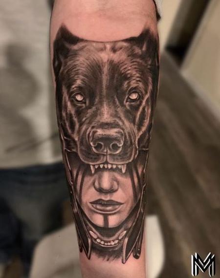 Tattoos - Matt Morrison Woman and Dog Head - 140826